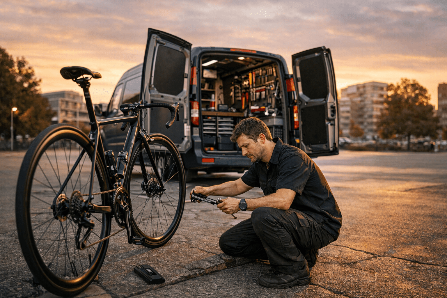Mechanic repairing a bicycle at sunset.